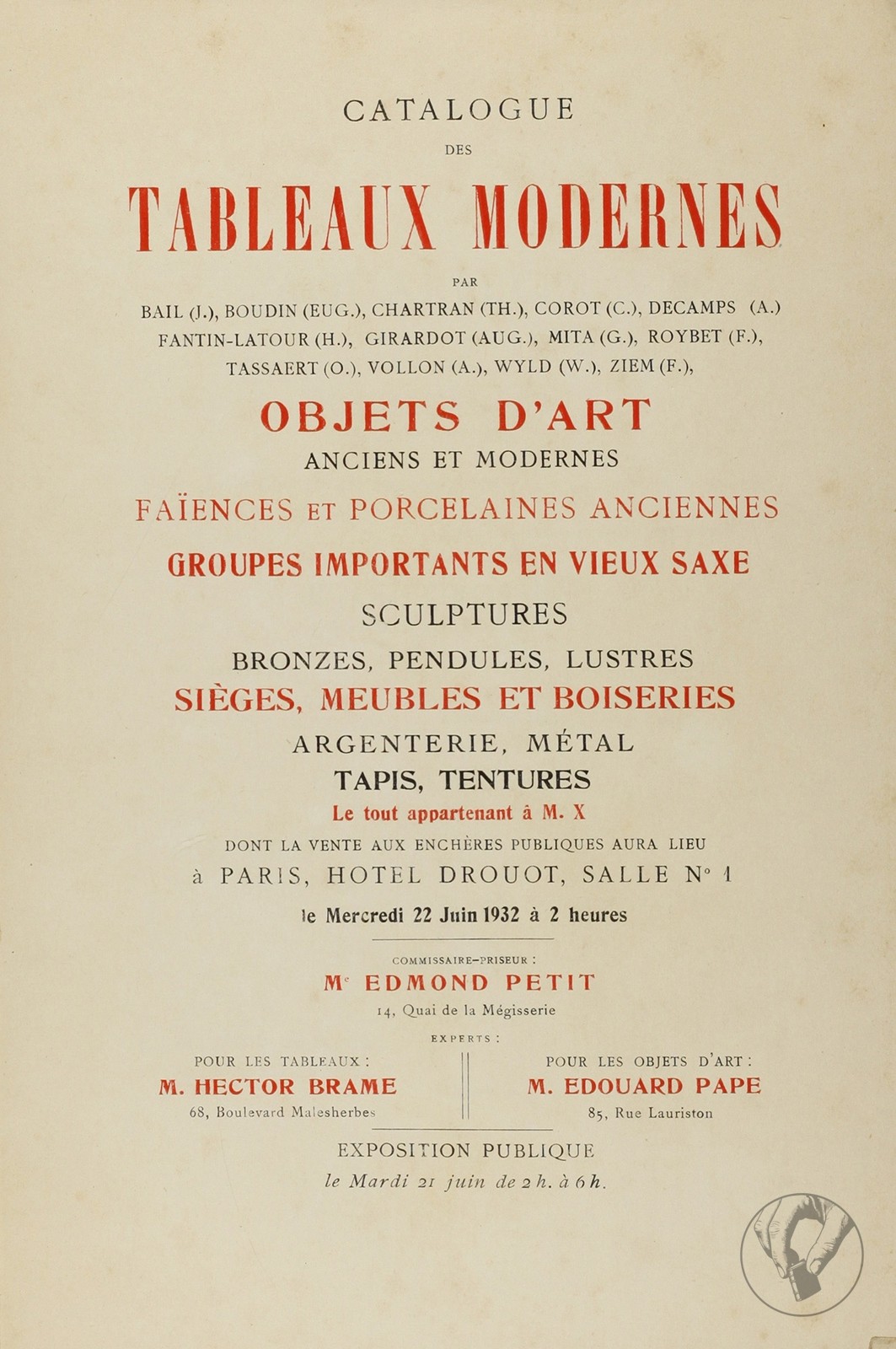 Catalogue des Tableaux Modernes